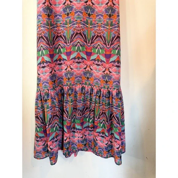 Vanessa Virginia Anthropologie Dress 12 Vibrant Print Boho Maxi Tie Back V Neck - Picture 3 of 7